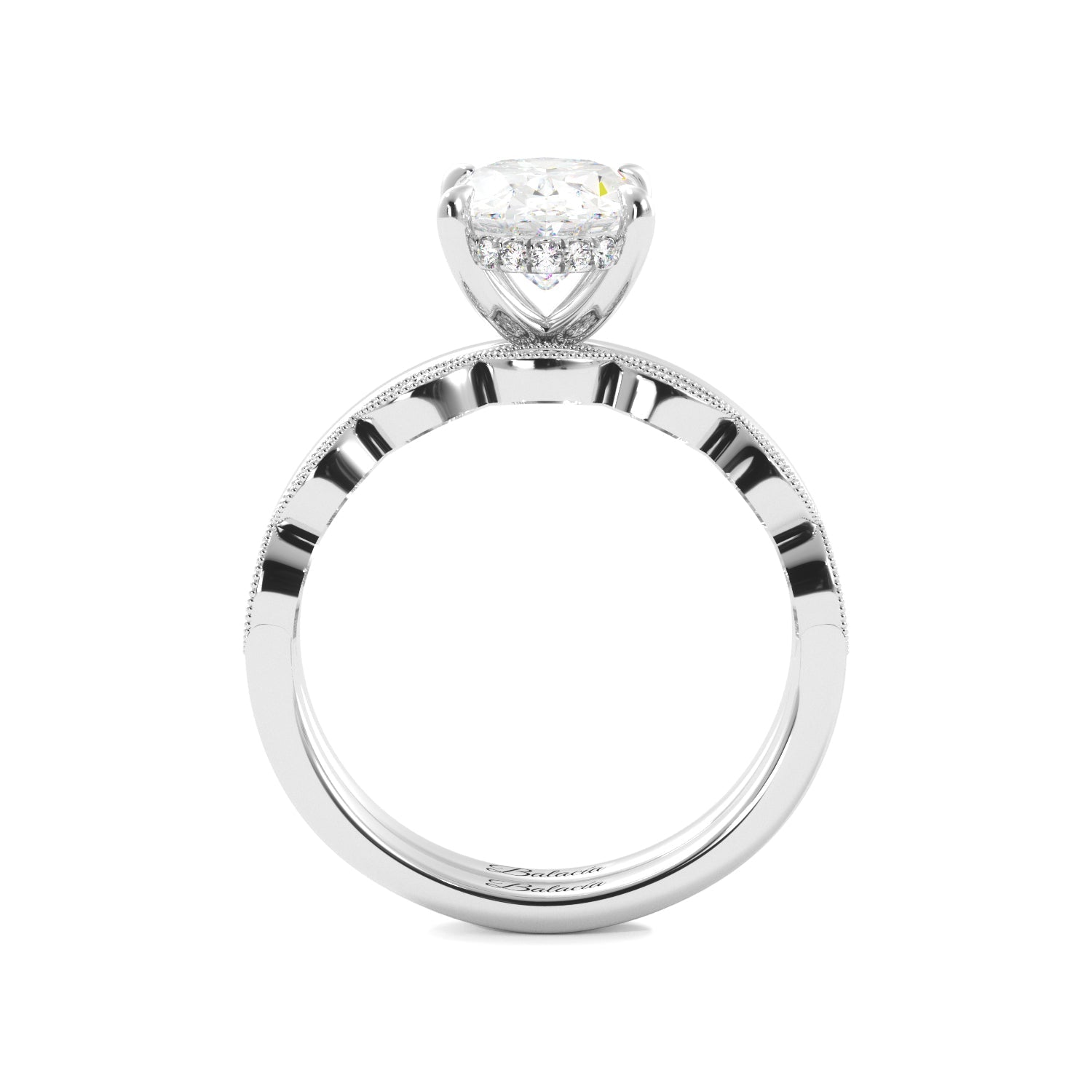 White Gold Oval Diamond Solitaire Hidden Halo Engagement Ring Set Side View
