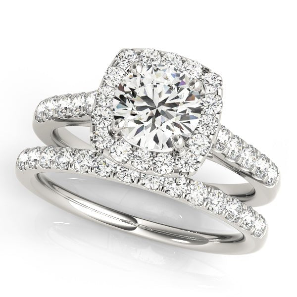 White Gold Round Diamond Cushion Halo Engagement Ring Set