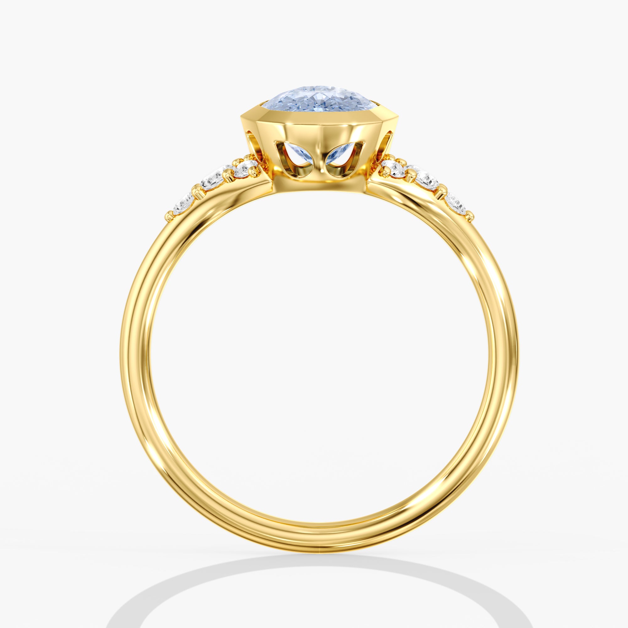 Yellow Gold Artic Glow Elongated Cushion Blue Diamond Bezel Ring Side View