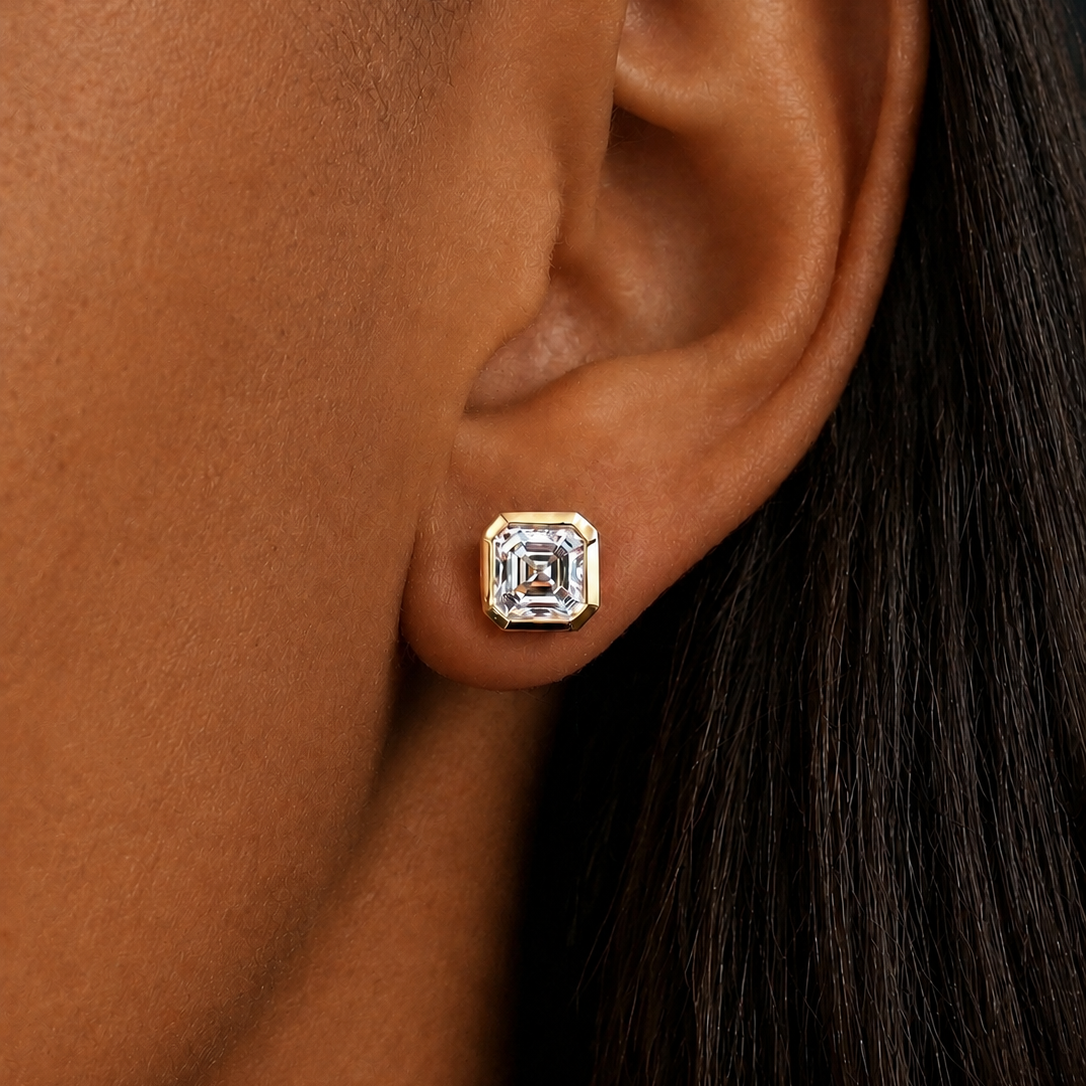 Yellow Gold Asscher Cut Diamond Bezel Stud Earrings