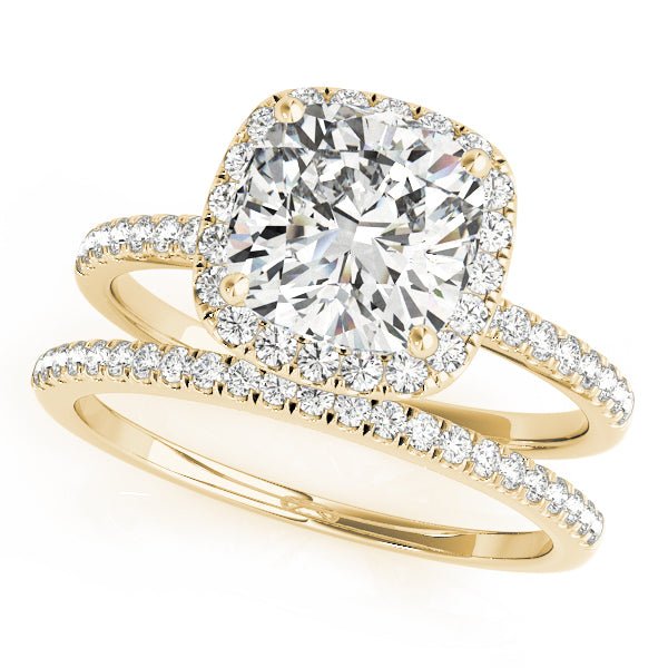 Yellow Gold Cushion Cut Diamond Halo Engagement Ring Set