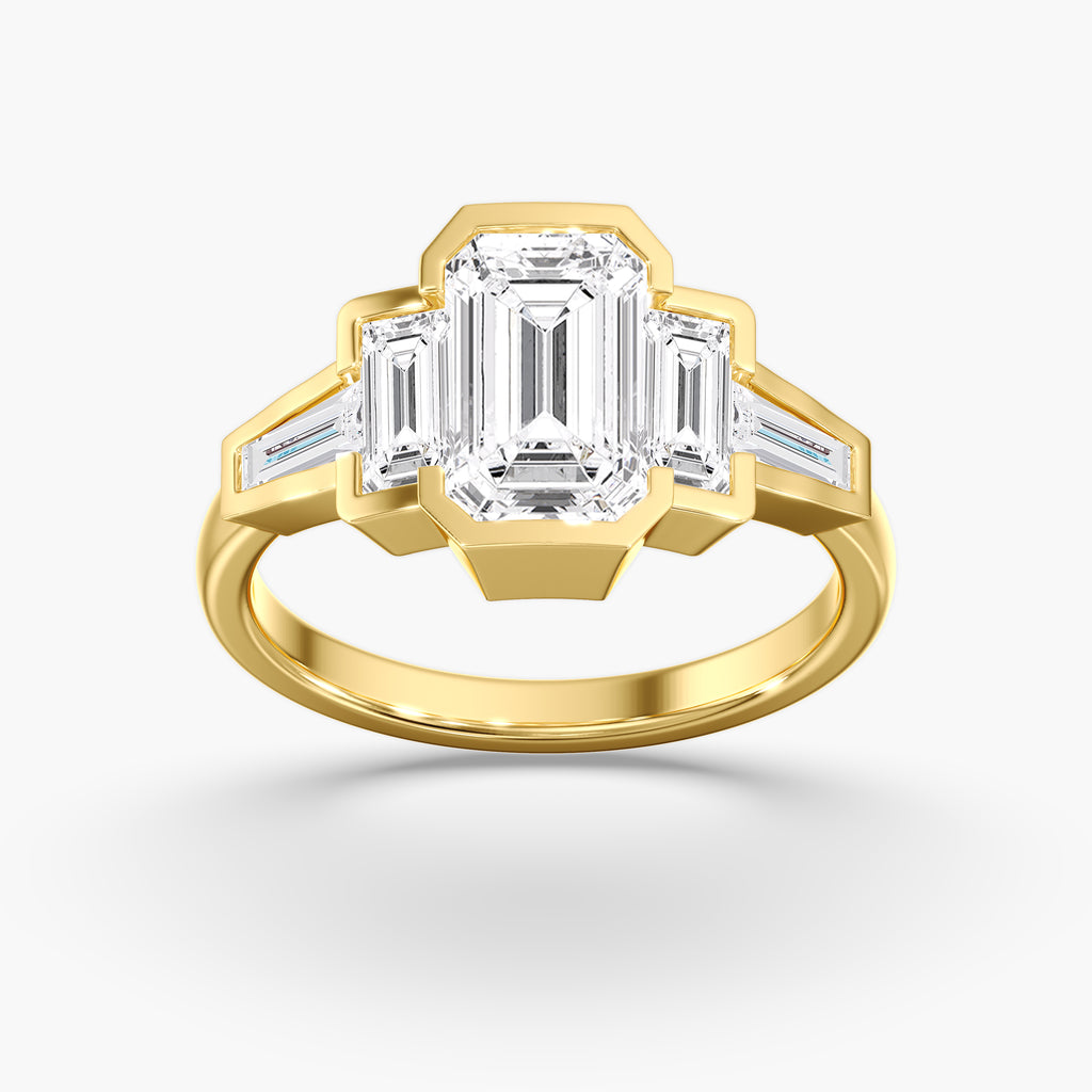 Yellow Gold Emerald Cut Diamond 5 Stone Bezel Ring