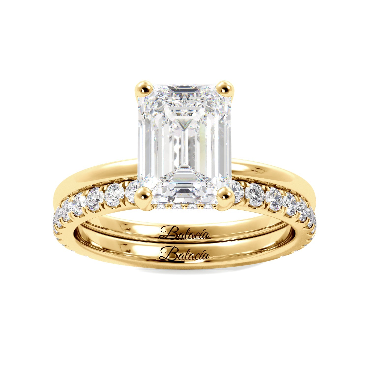 Emerald Cut with Hidden Halo Diamond Engagement Ring Set - Balacia