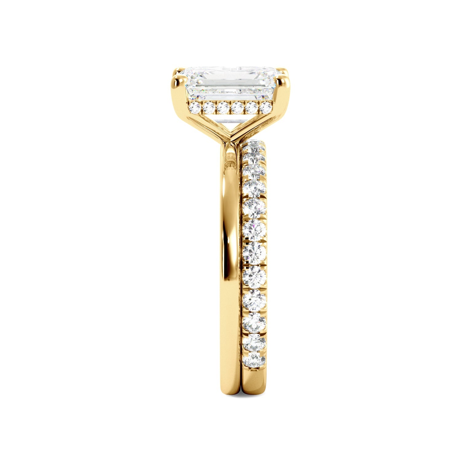 Yellow Gold Emerald Cut Diamond Solitaire Engagement Ring Set with Hidden Halo Side View