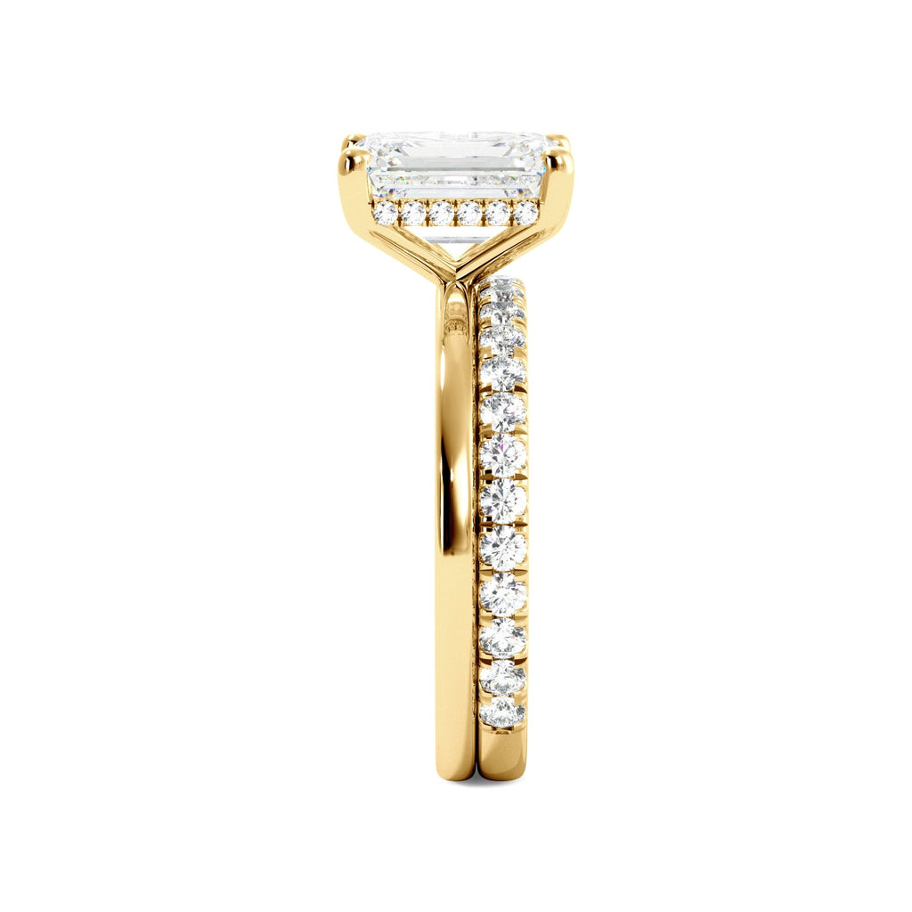 Yellow Gold Emerald Cut Diamond Solitaire Engagement Ring Set with Hidden Halo Side View