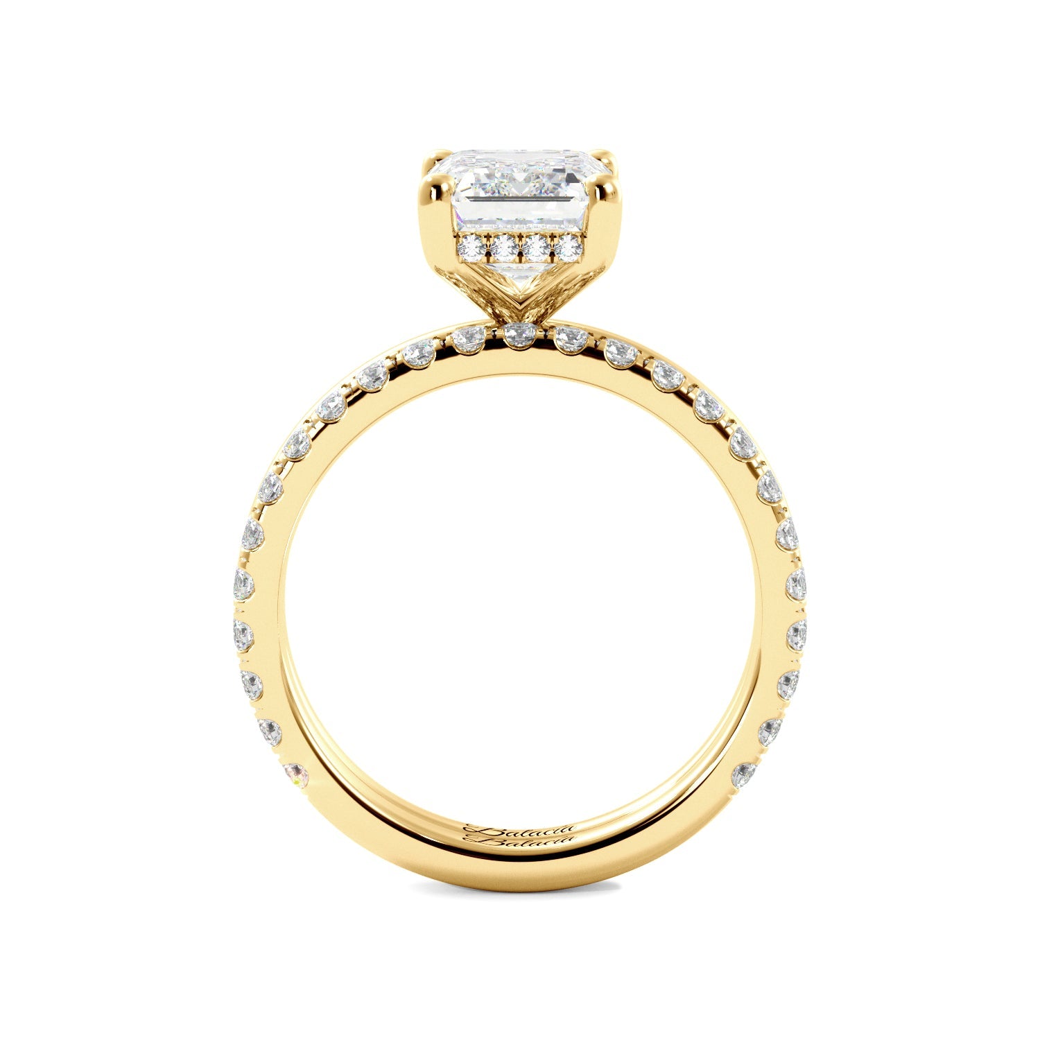 Yellow Gold Emerald Cut Diamond Solitaire Engagement Ring with Hidden Halo