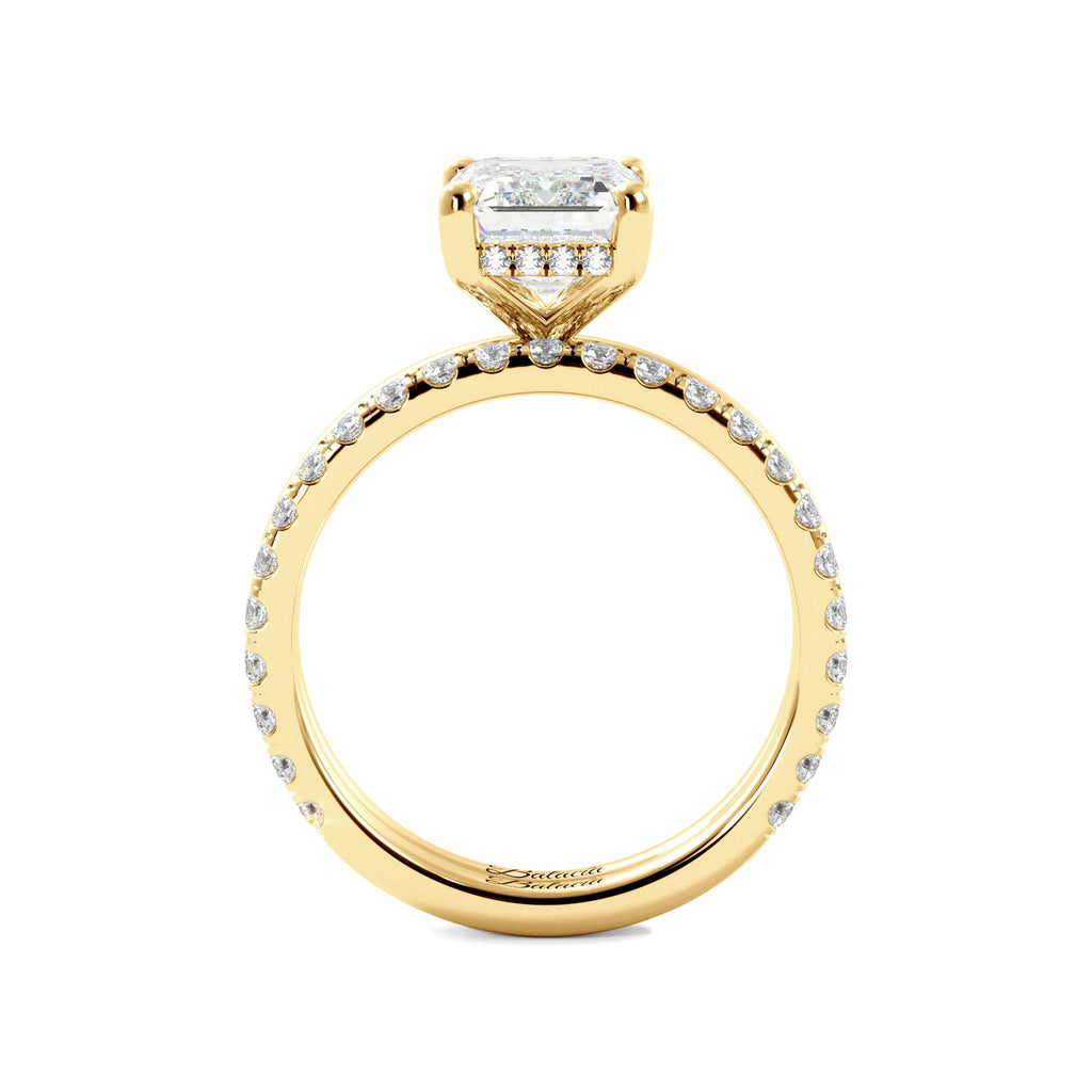 Yellow Gold Emerald Cut Diamond Solitaire Engagement Ring with Hidden Halo