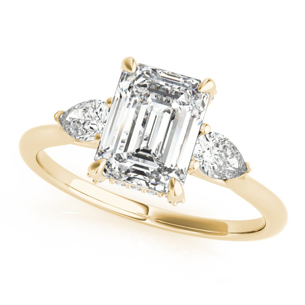 Yellow Gold Emerald Cut with Pear Sides Three Stone Engagement Ring