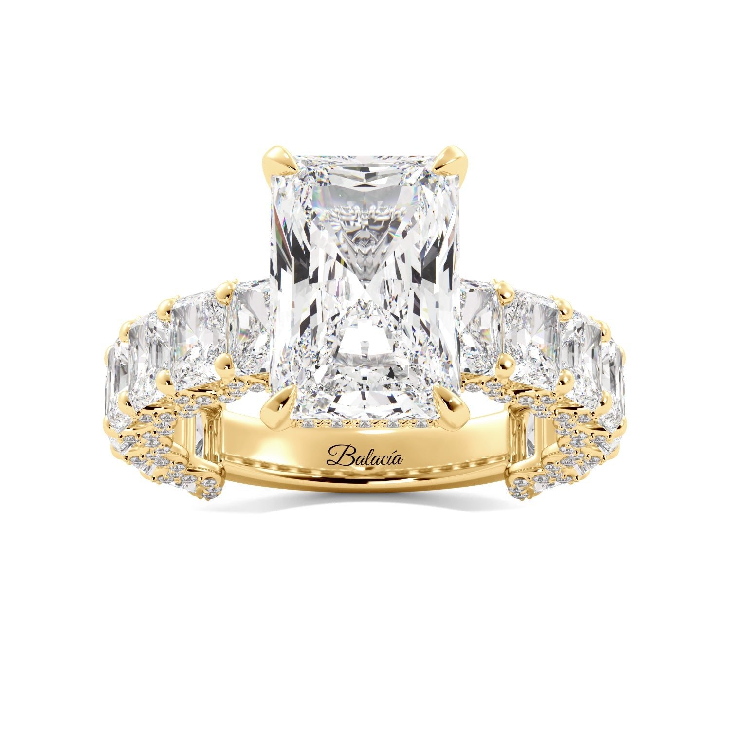 Yellow Gold Iced Out Radiant Cut Diamond Engagement Ring with Radiant Cut Side Diamonds