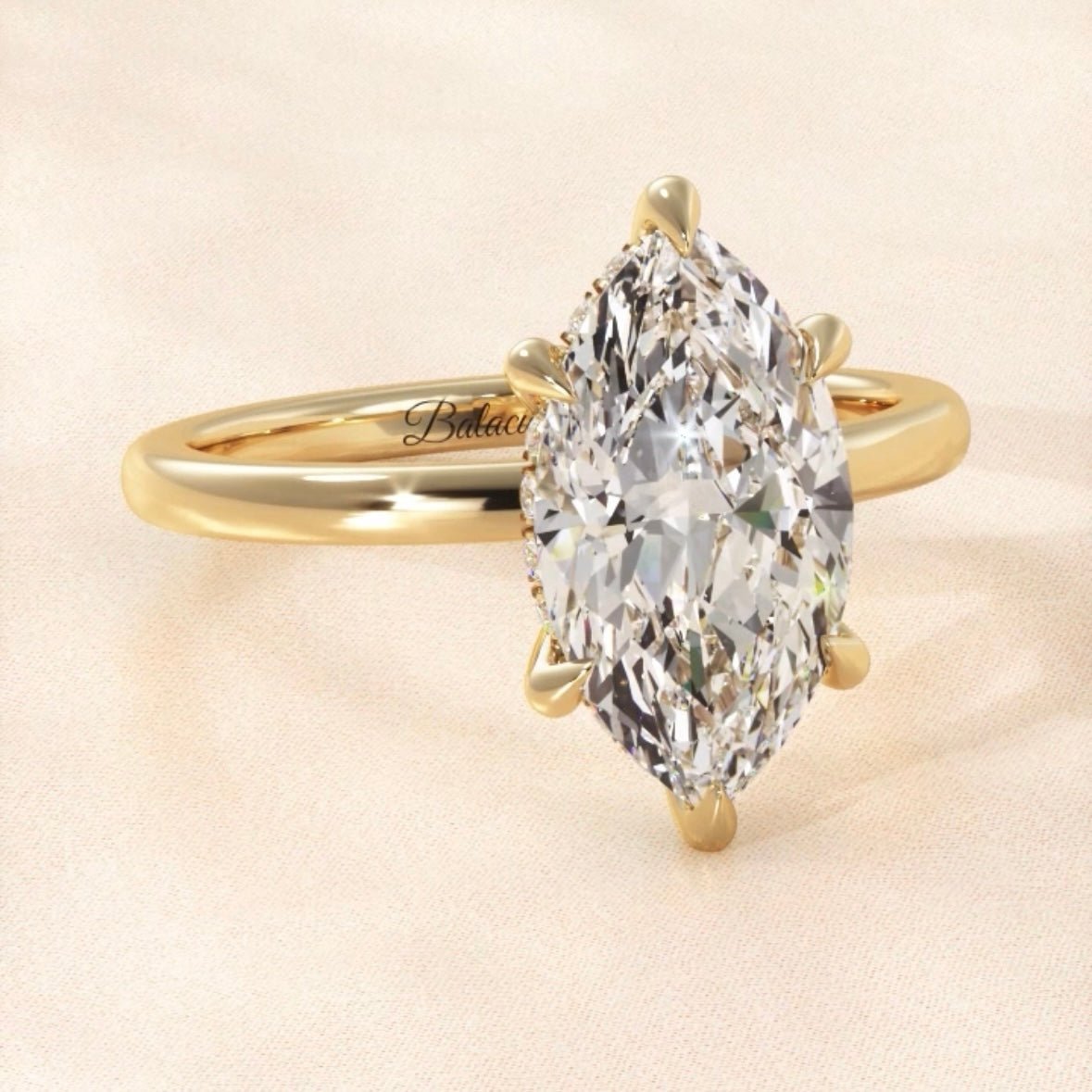 Yellow Gold Marquise Solitaire Hidden Halo Engagement Ring 