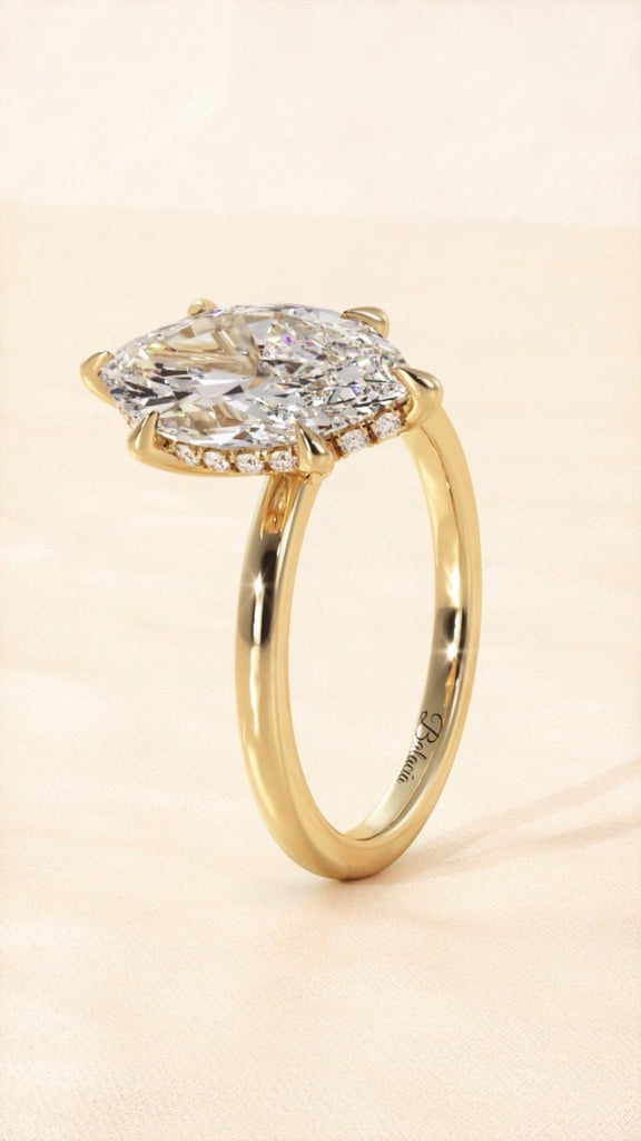 Yellow Gold Marquise Diamond Solitaire Hidden Halo Engagement Ring Side