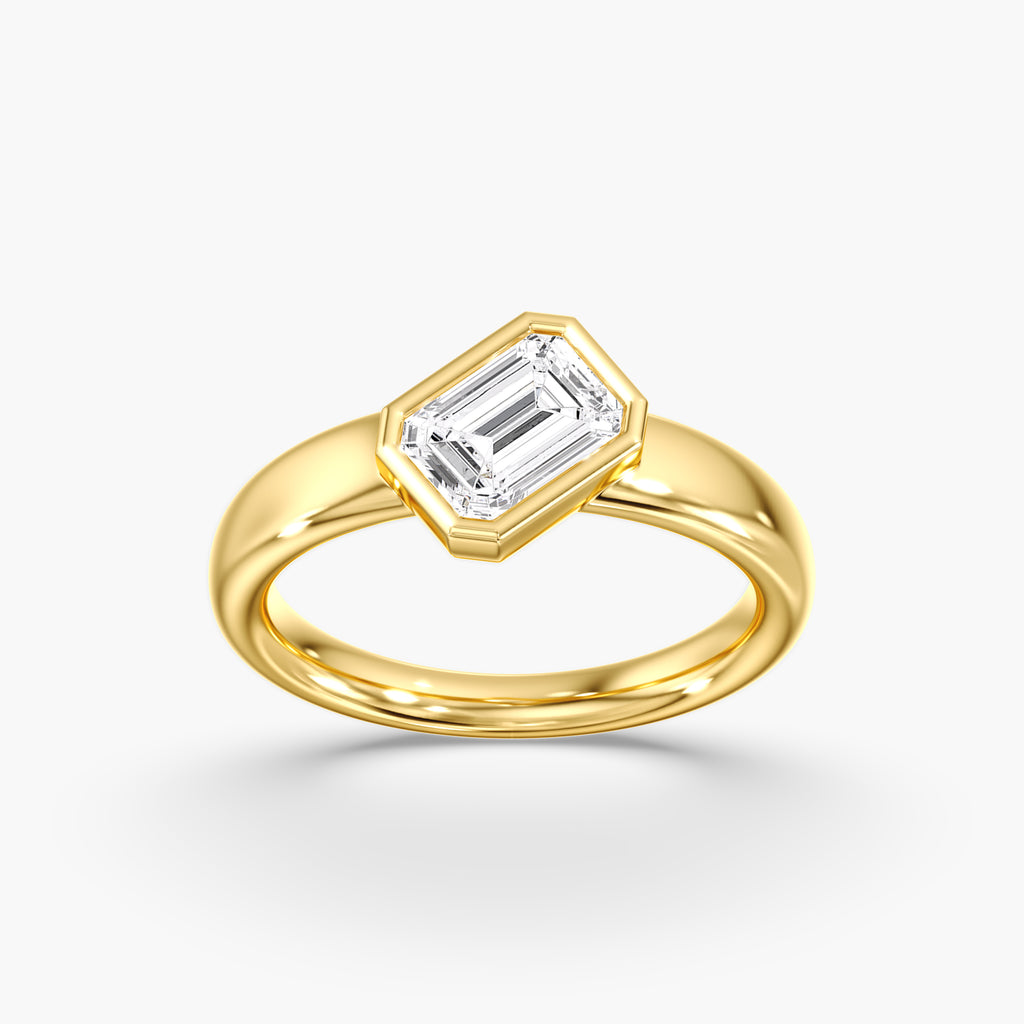 Yellow Gold Modern Tilted Emerald Cut Diamond Bezel Ring