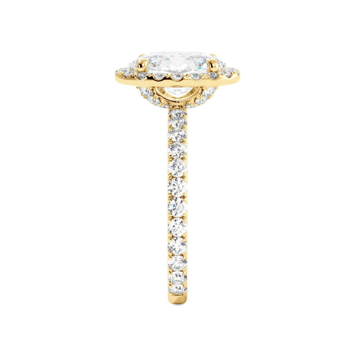 Yellow Gold Oval Diamond Halo Engagement Ring Side View