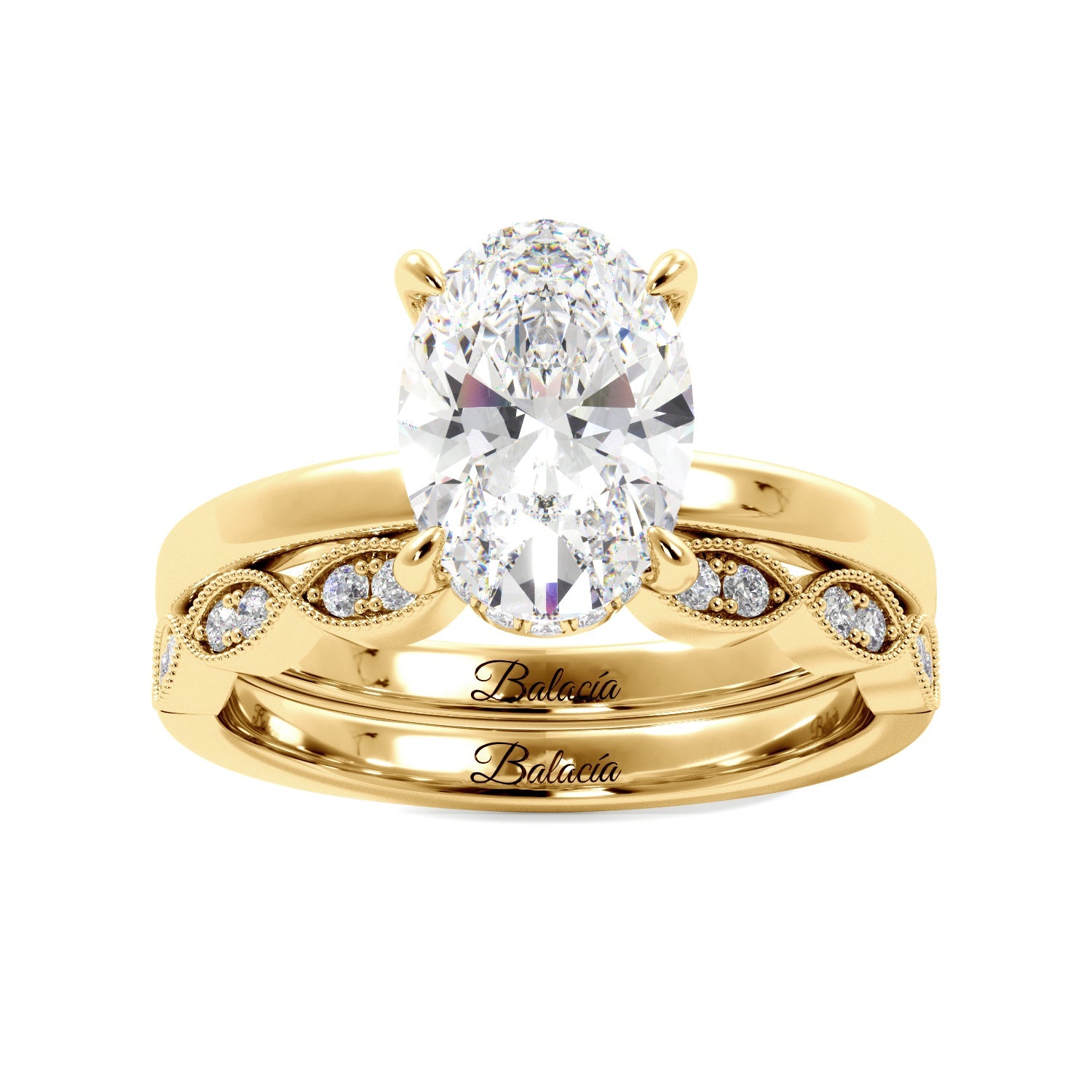 Yellow Gold Oval Diamond Solitaire Hidden Halo Engagement Ring Set