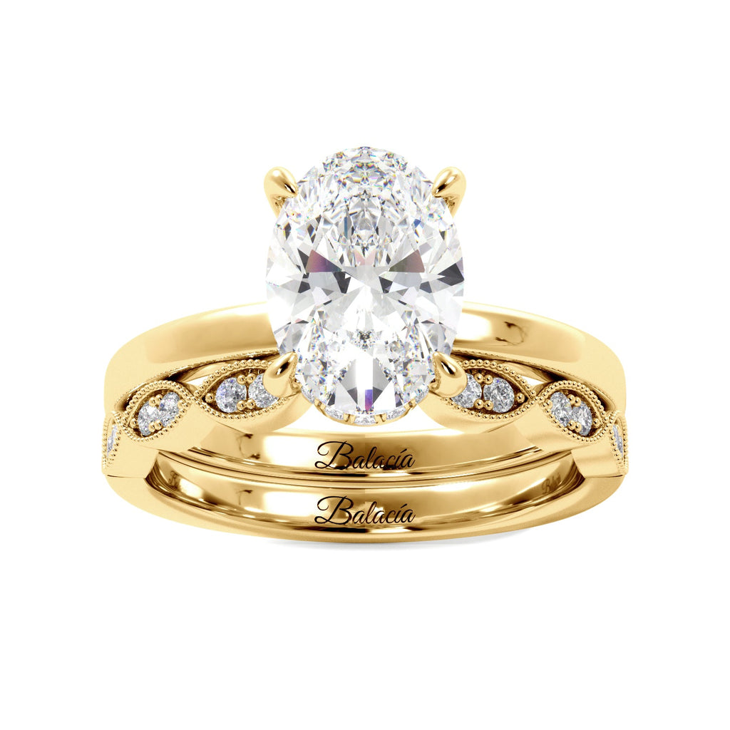 Yellow Gold Oval Diamond Solitaire Hidden Halo Engagement Ring Set