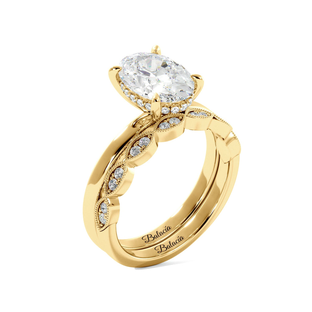Yellow Gold Oval Diamond Solitaire Hidden Halo Engagement Ring Set Side