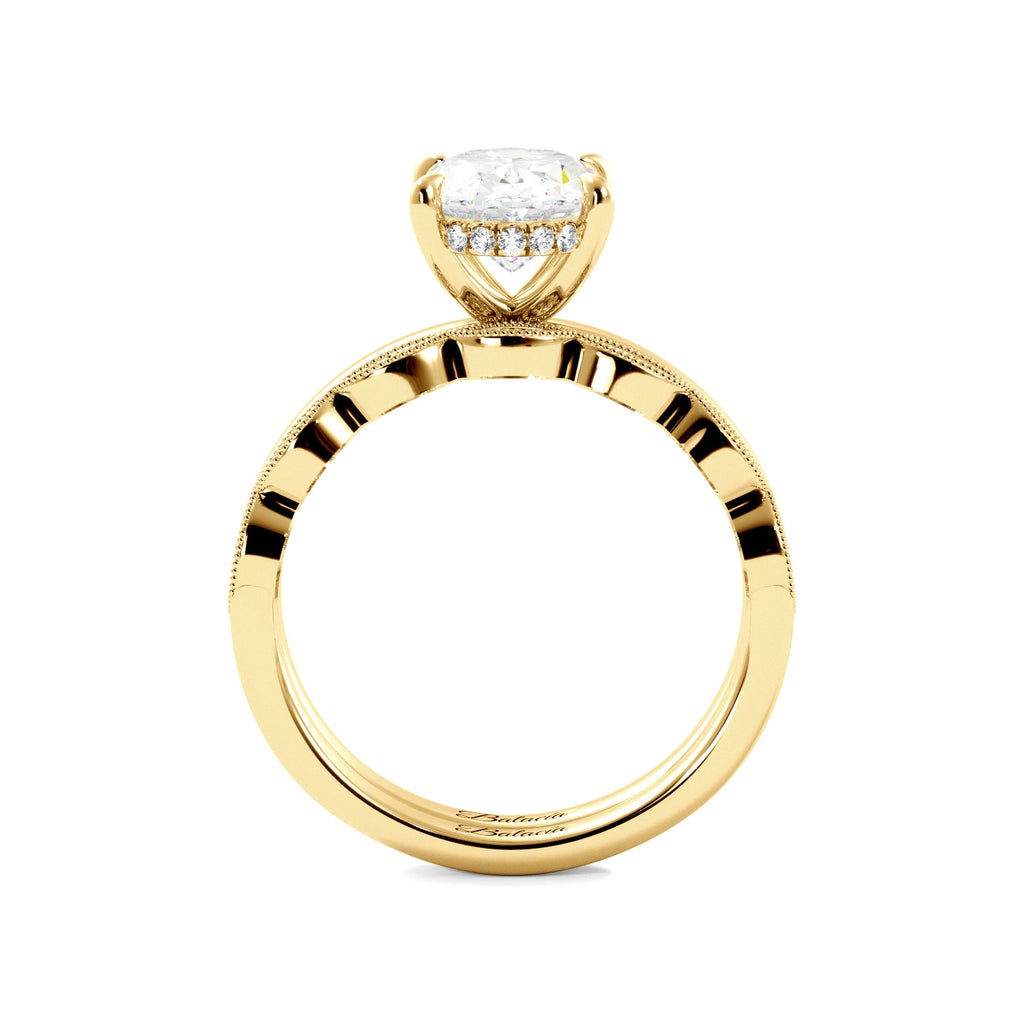 Yellow Gold Oval Diamond Solitaire Hidden Halo Engagement Ring Set Side View