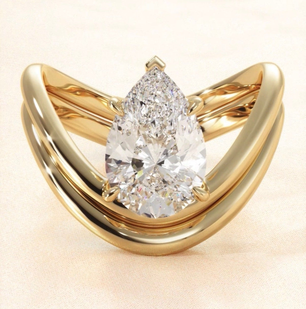 Yellow Gold Pear Diamond Modern Curved Engagement Ring Set