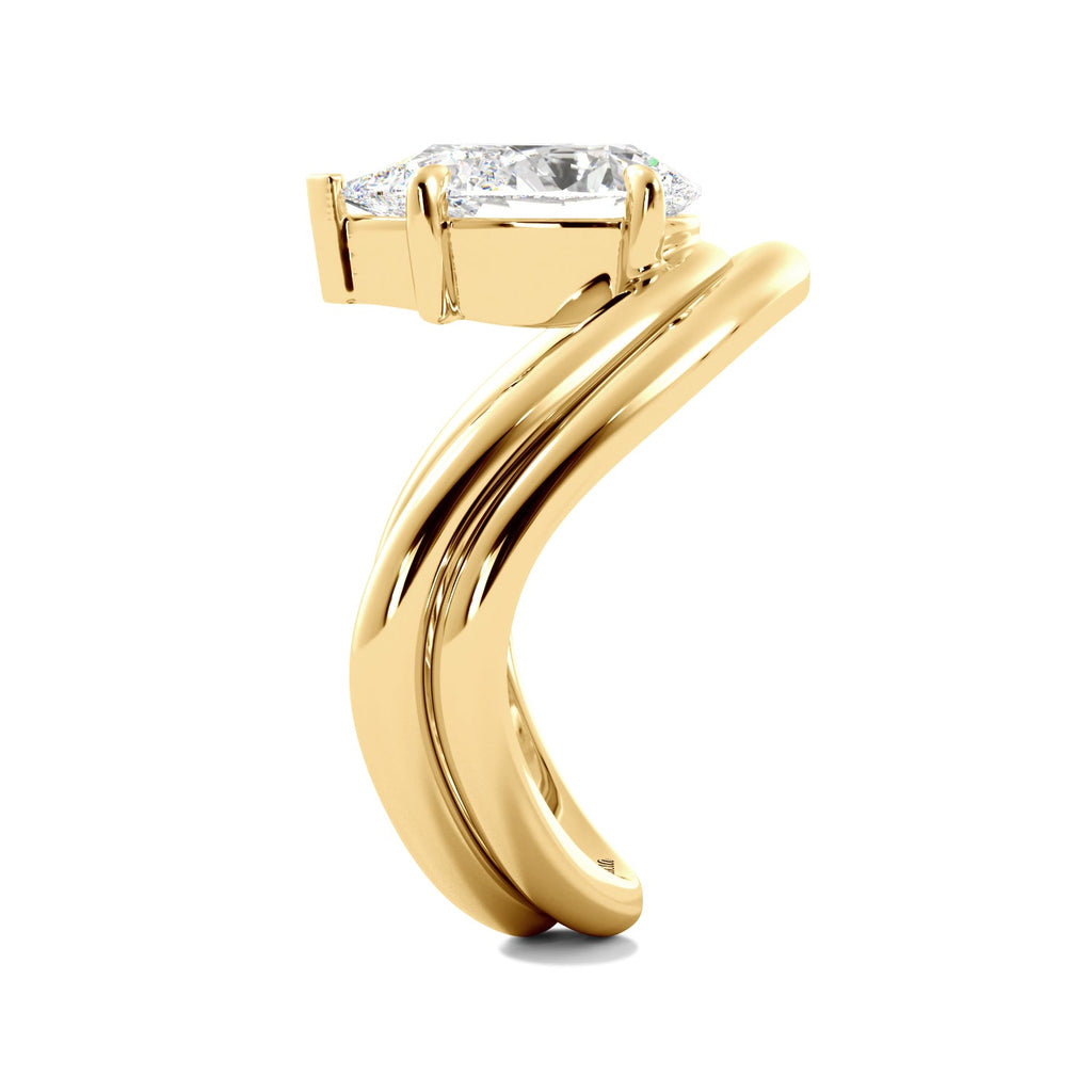 Yellow Gold Pear Diamond Modern Curved Engagement Ring Set Side