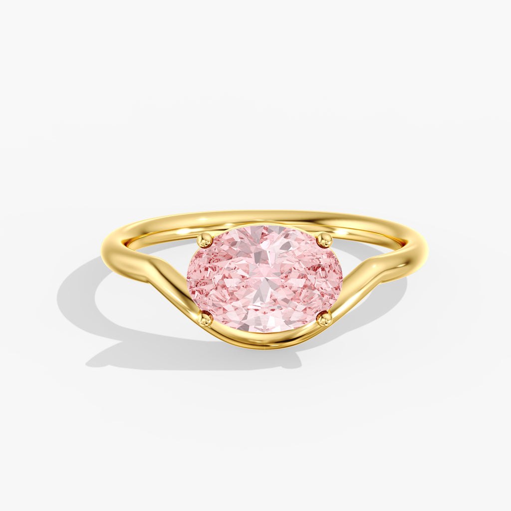 Yellow Gold Pink Oval Diamond East West Ring Front Angle