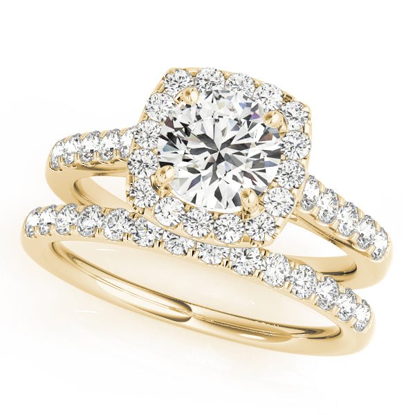 Yellow Gold Round Diamond Cushion Halo Engagement Ring Set