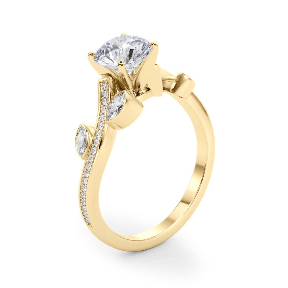 Yellow Gold Round Diamond Nature Inspired Engagement Ring Side