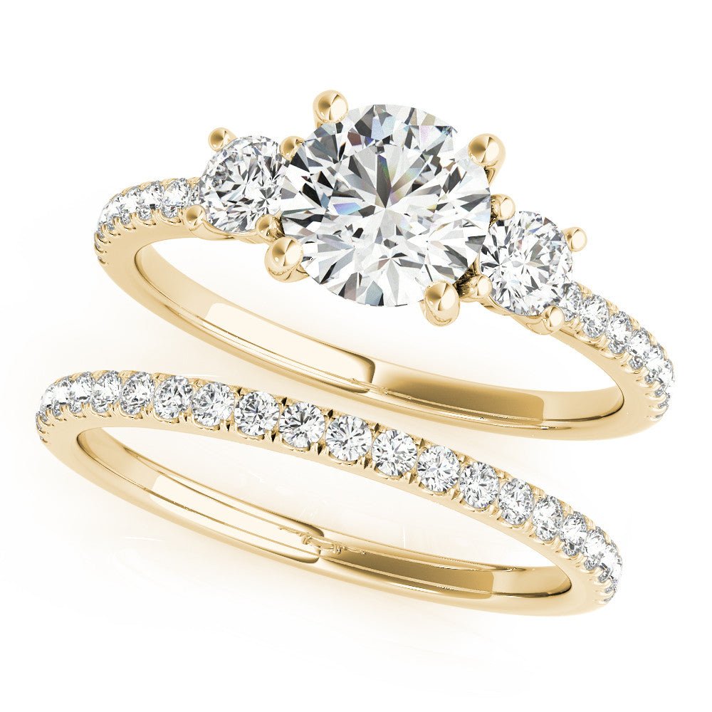Yellow Gold Round Three Stone Engagement Ring Set