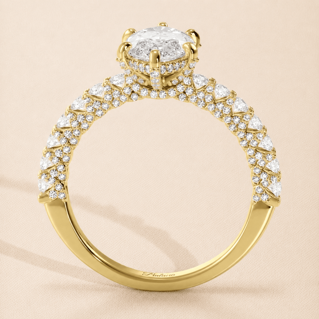 Yellow gold marquise iced out diamond engagement ring side view
