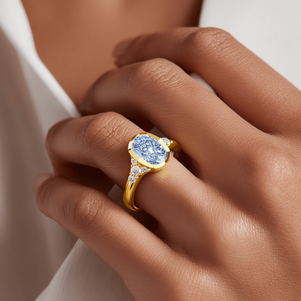 Artic Glow Elongated Cushion Blue Diamond Bezel Ring