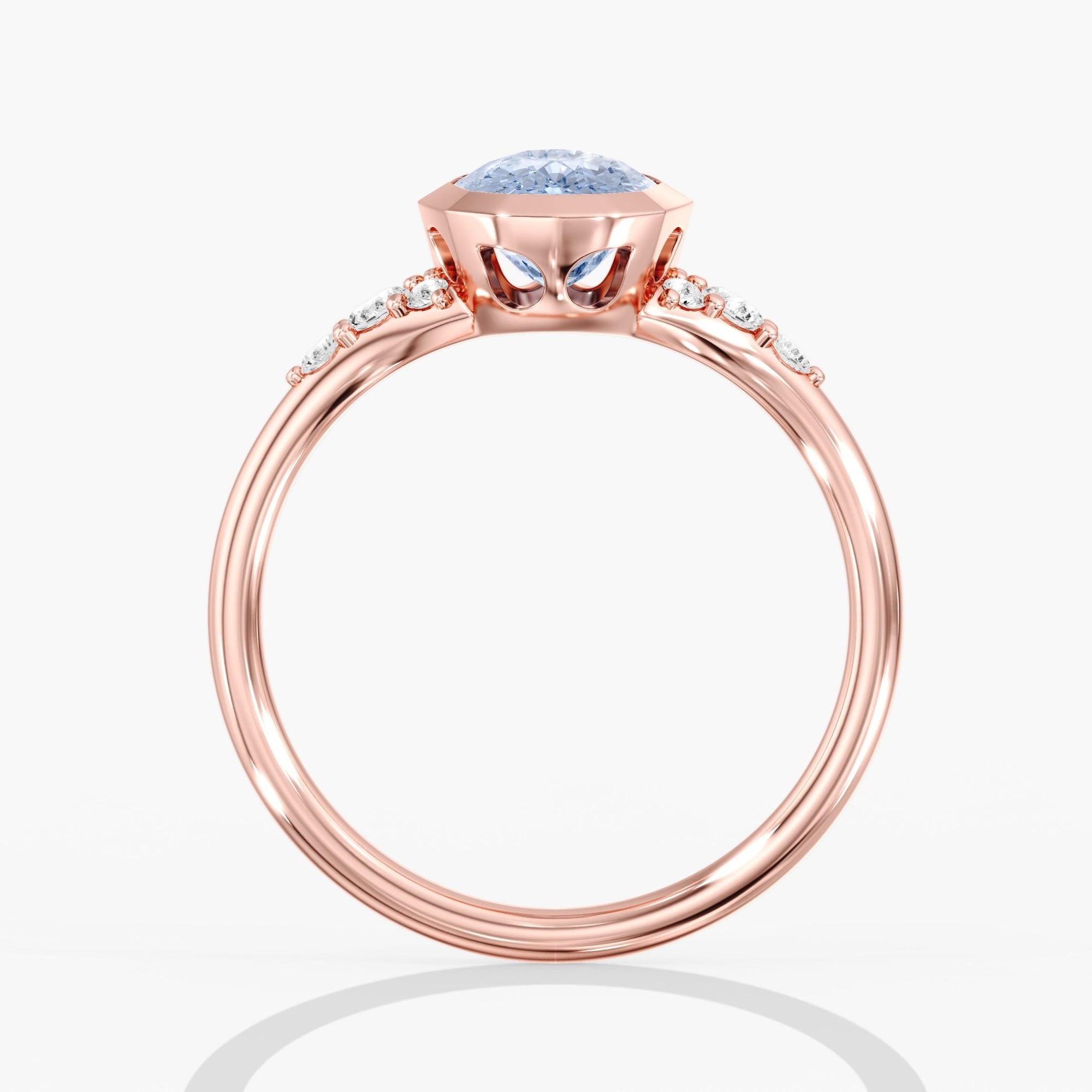 Rose Gold Artic Glow Elongated Cushion Blue Diamond Bezel Ring Side View