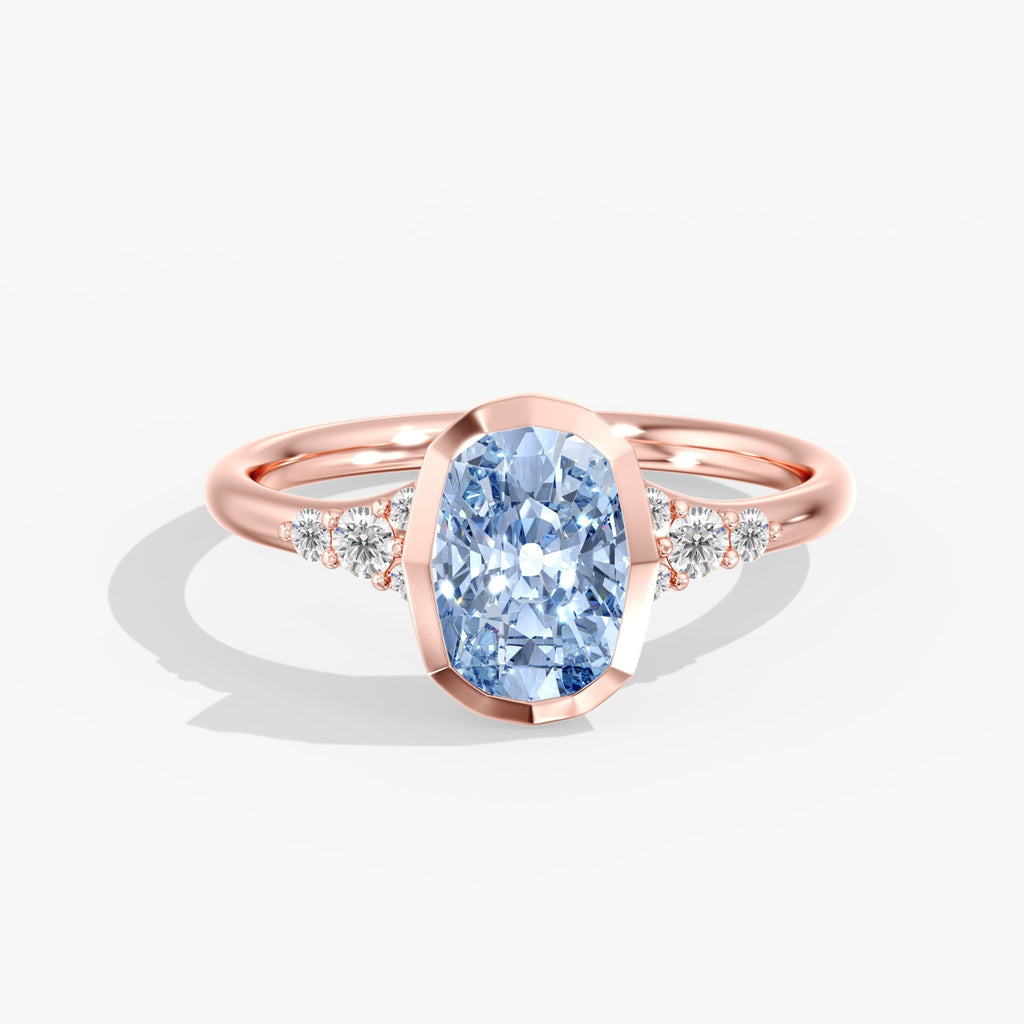 Rose Gold Artic Glow Elongated Cushion Blue Diamond Bezel Ring Front View