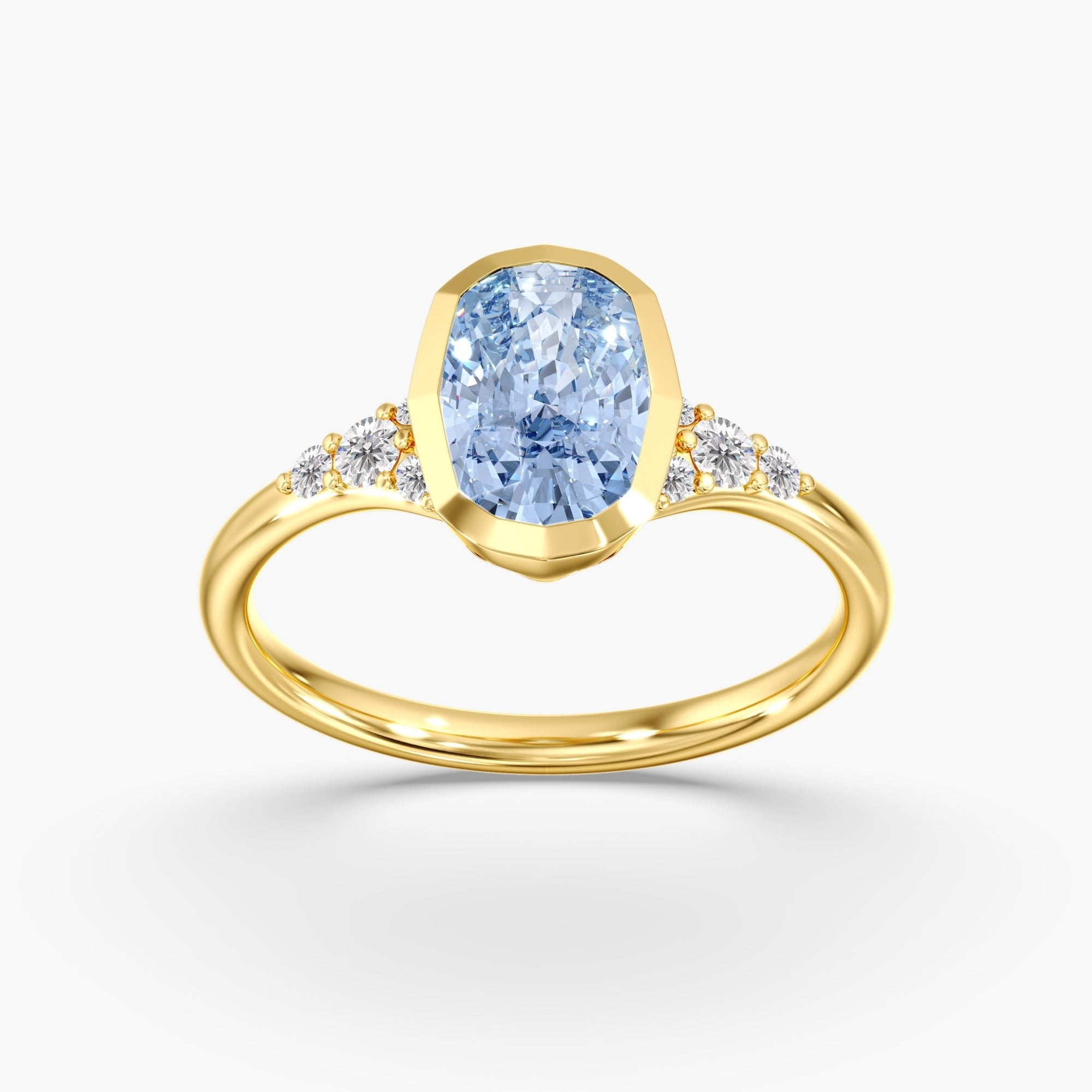 Yellow Gold Artic Glow Elongated Cushion Blue Diamond Bezel Ring