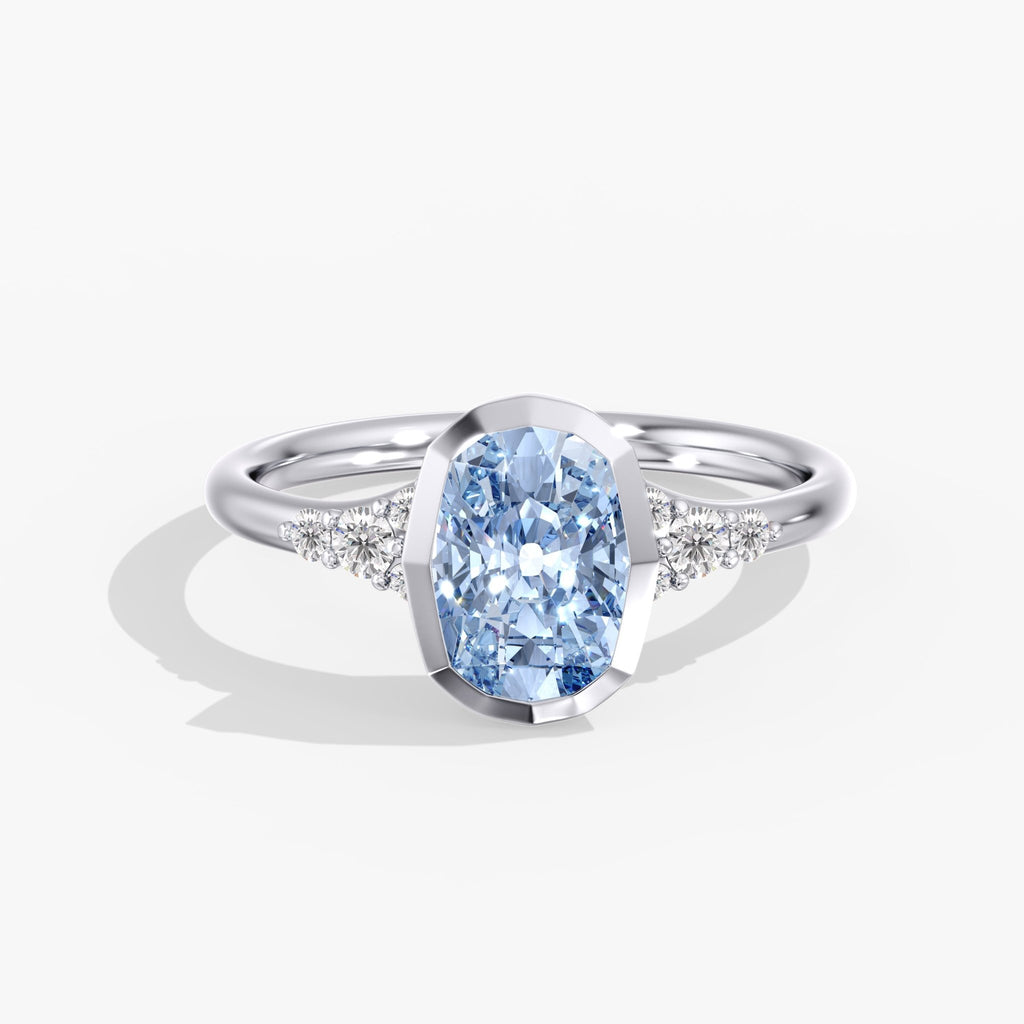 Artic Glow Elongated Cushion Blue Diamond Bezel Ring Front View