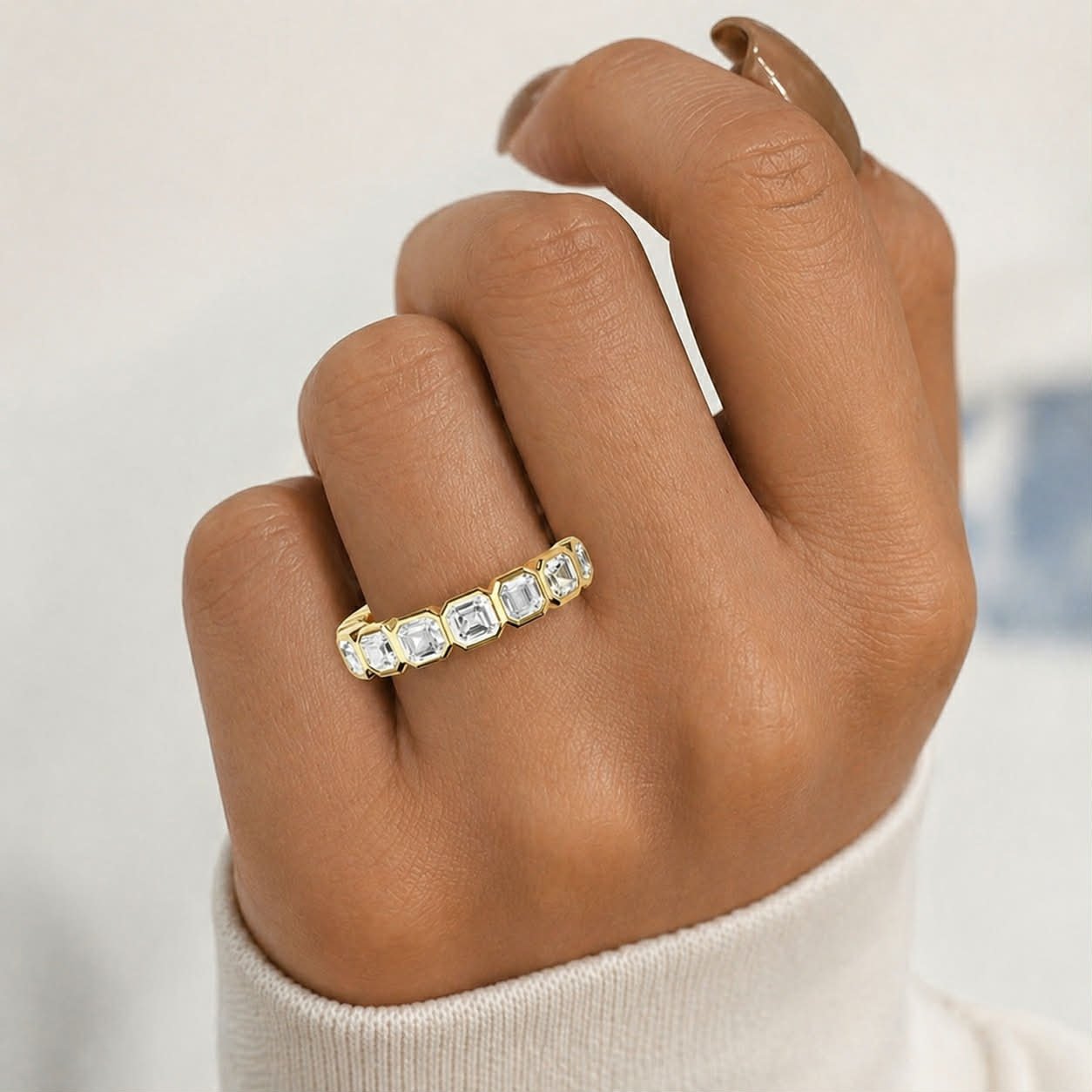 Yellow Gold Asscher Cut Diamond Bezel Eternity Band Hand View