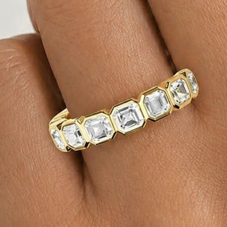 Yellow Gold Asscher Cut Diamond Bezel Eternity Band On Hand