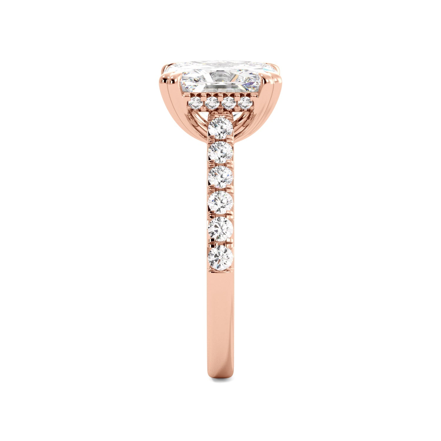 Rose Gold Asher Cut Hidden Halo Pave Engagement Ring Side View