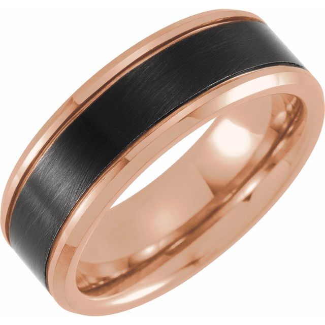 Black &amp; 18K Rose Gold PVD Tungsten 8 mm Beveled - Edge Band - Balacia