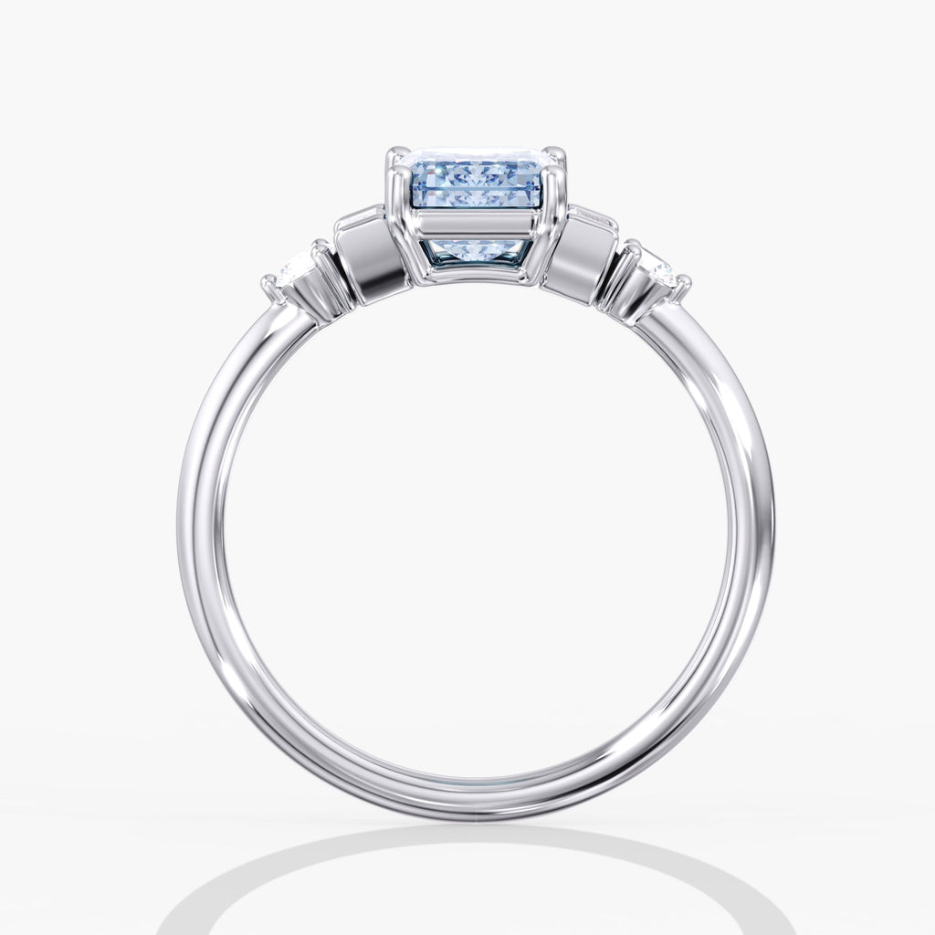 Blue Emerald Cut 3 Stone Triangle Ring Side View