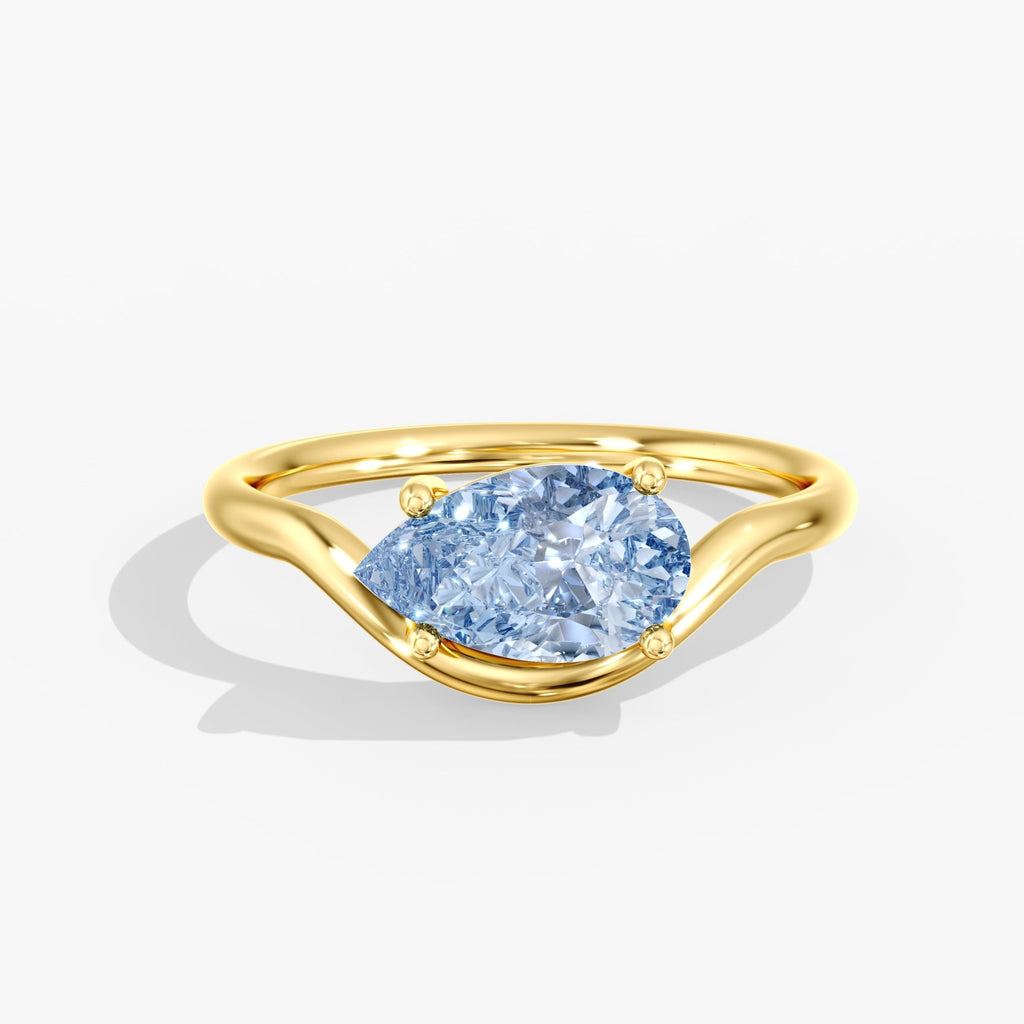 Yellow Gold Blue Pear Diamond East West Ring Front View