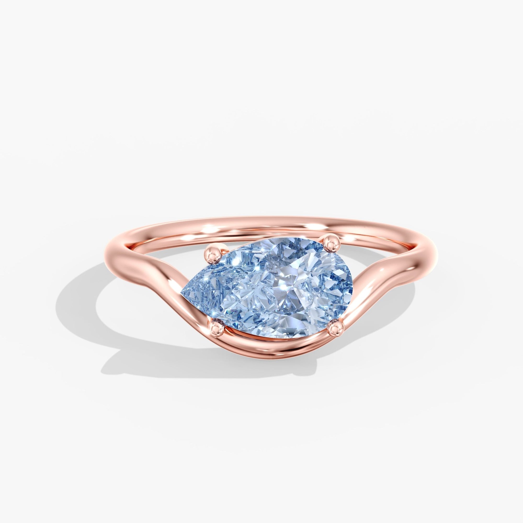 Rose Gold Blue Pear Diamond East West Ring Front View