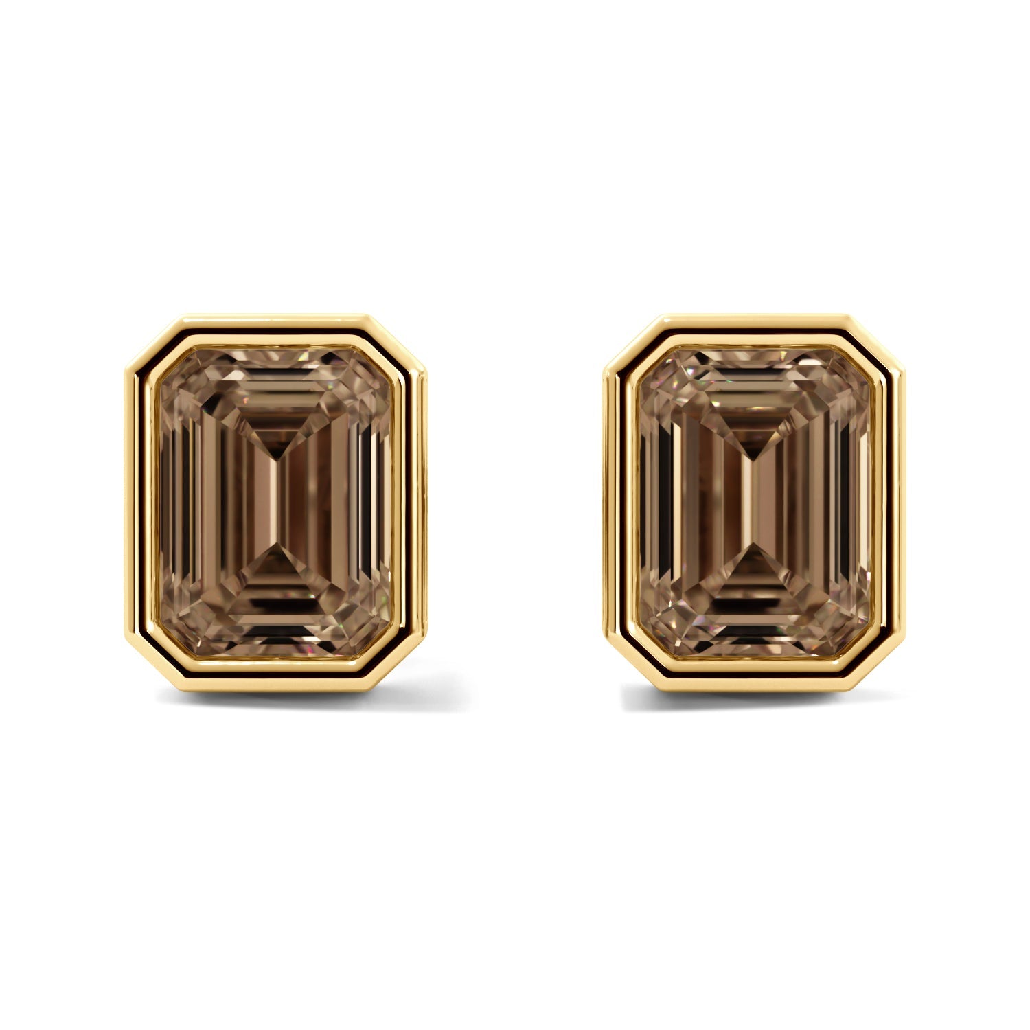 Champagne Emerald Cut Gold Bezel Stud Earrings