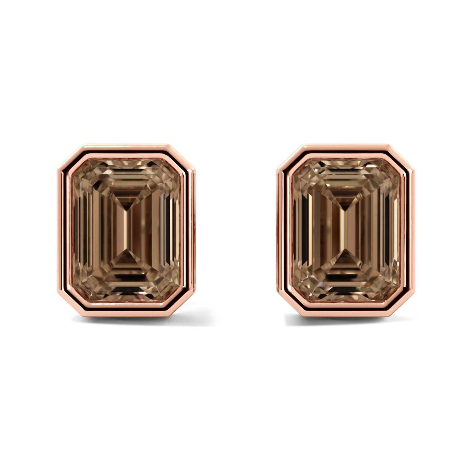 Rose Gold Champagne Emerald Cut Bezel Stud Earrings