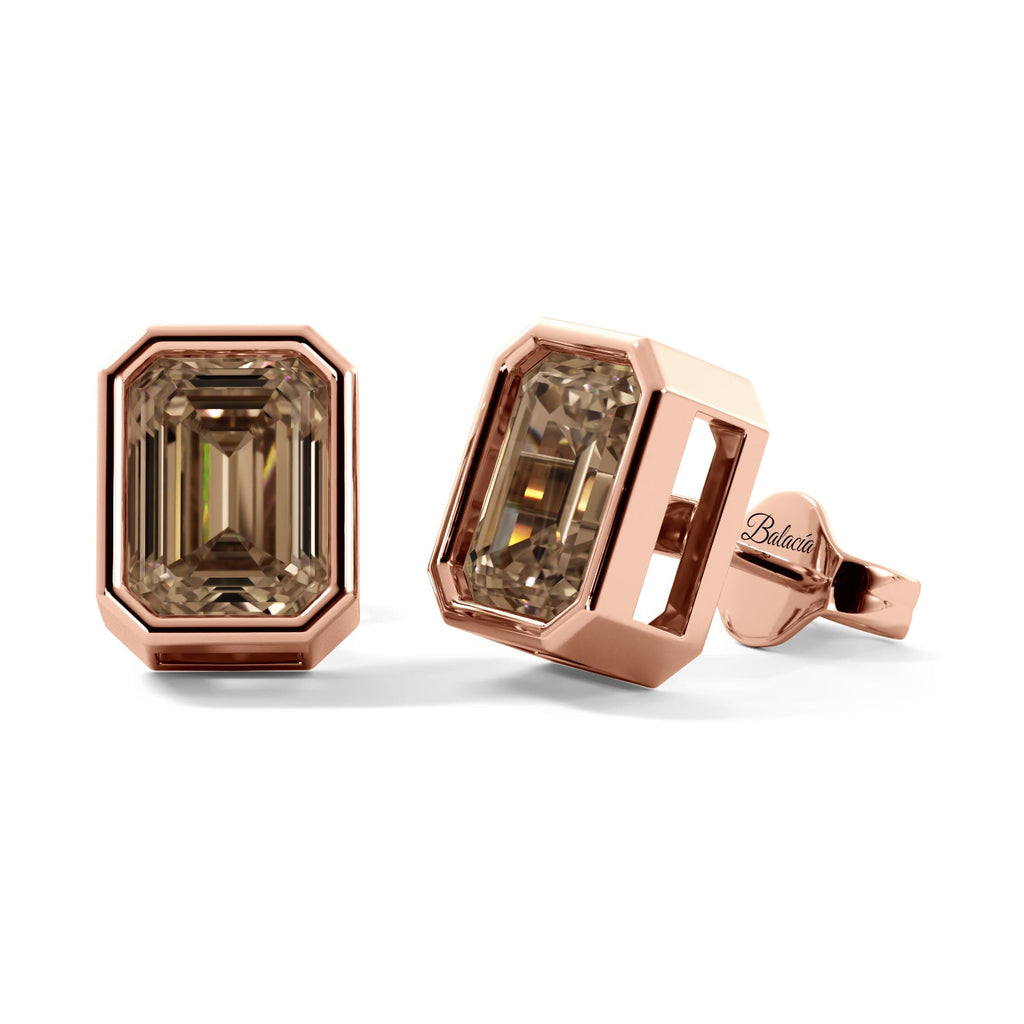Champagne Crystalline Emerald Cut Rose Gold Bezel Stud Earrings