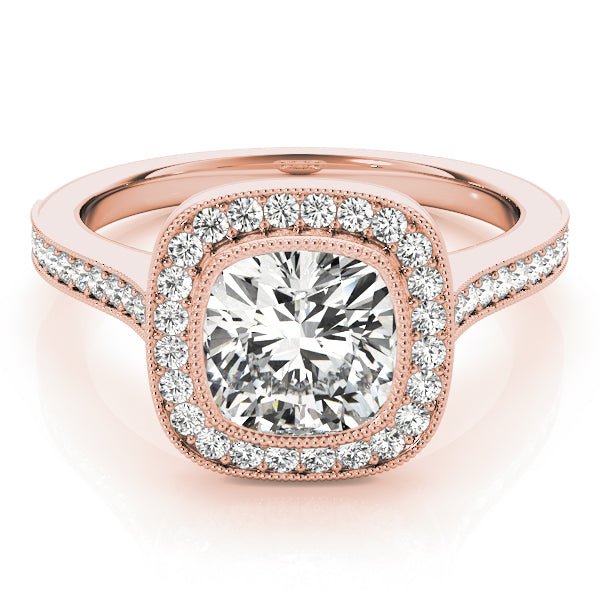 Cushion Cut Diamond Vintage Halo Engagement Ring Rose Gold Front View