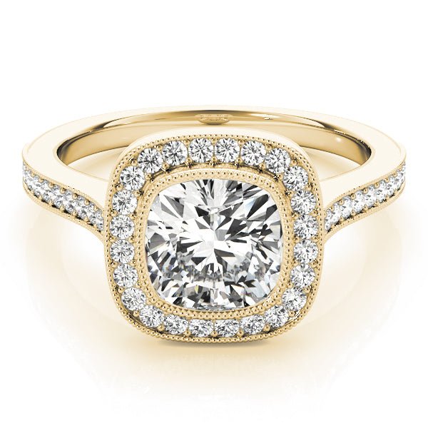Cushion Cut Diamond Vintage Halo Engagement Ring Yellow Gold Front View