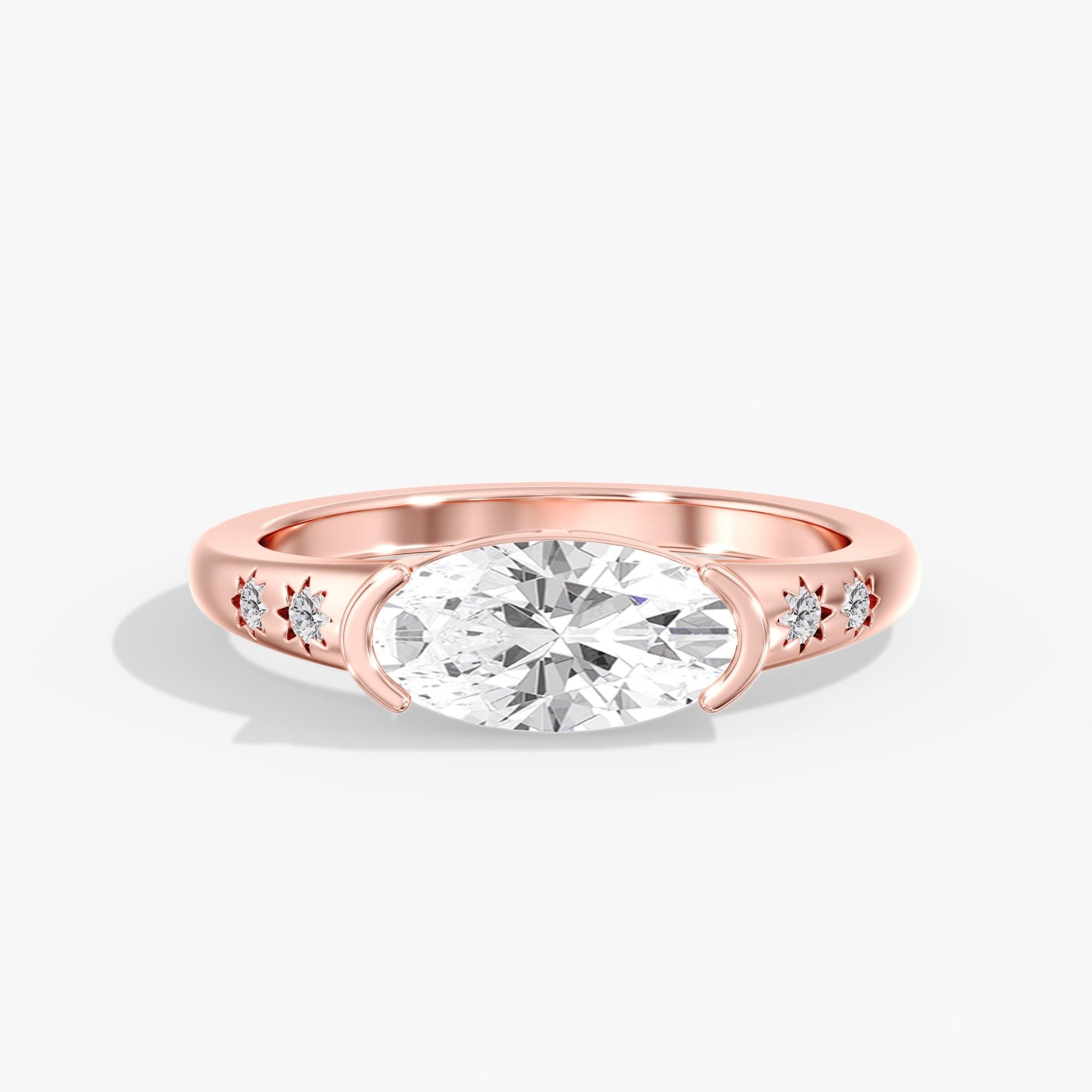 Rose Gold East West Oval Half Bezel Diamond Studded Ring Front View