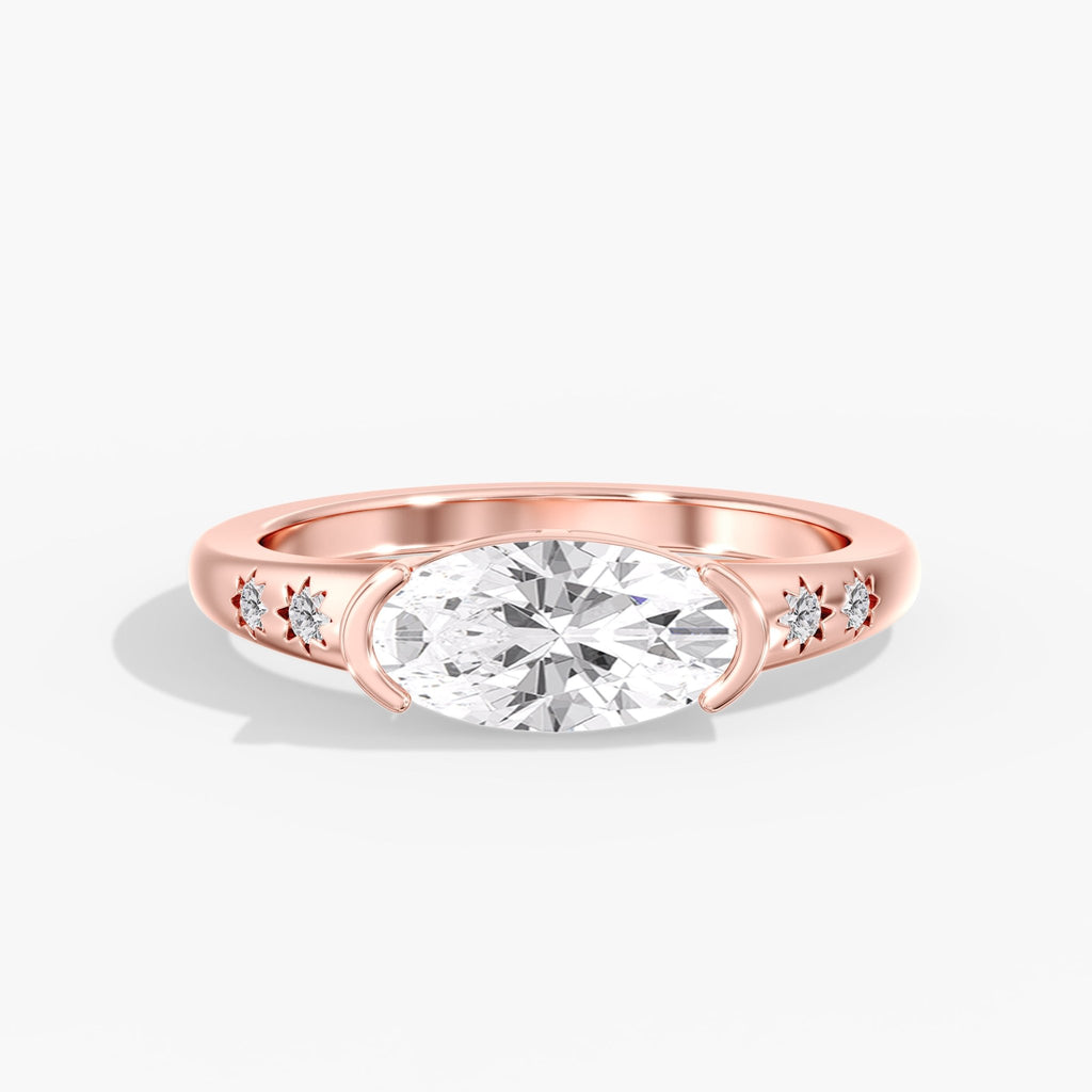 Rose Gold East West Oval Half Bezel Diamond Studded Ring Front View