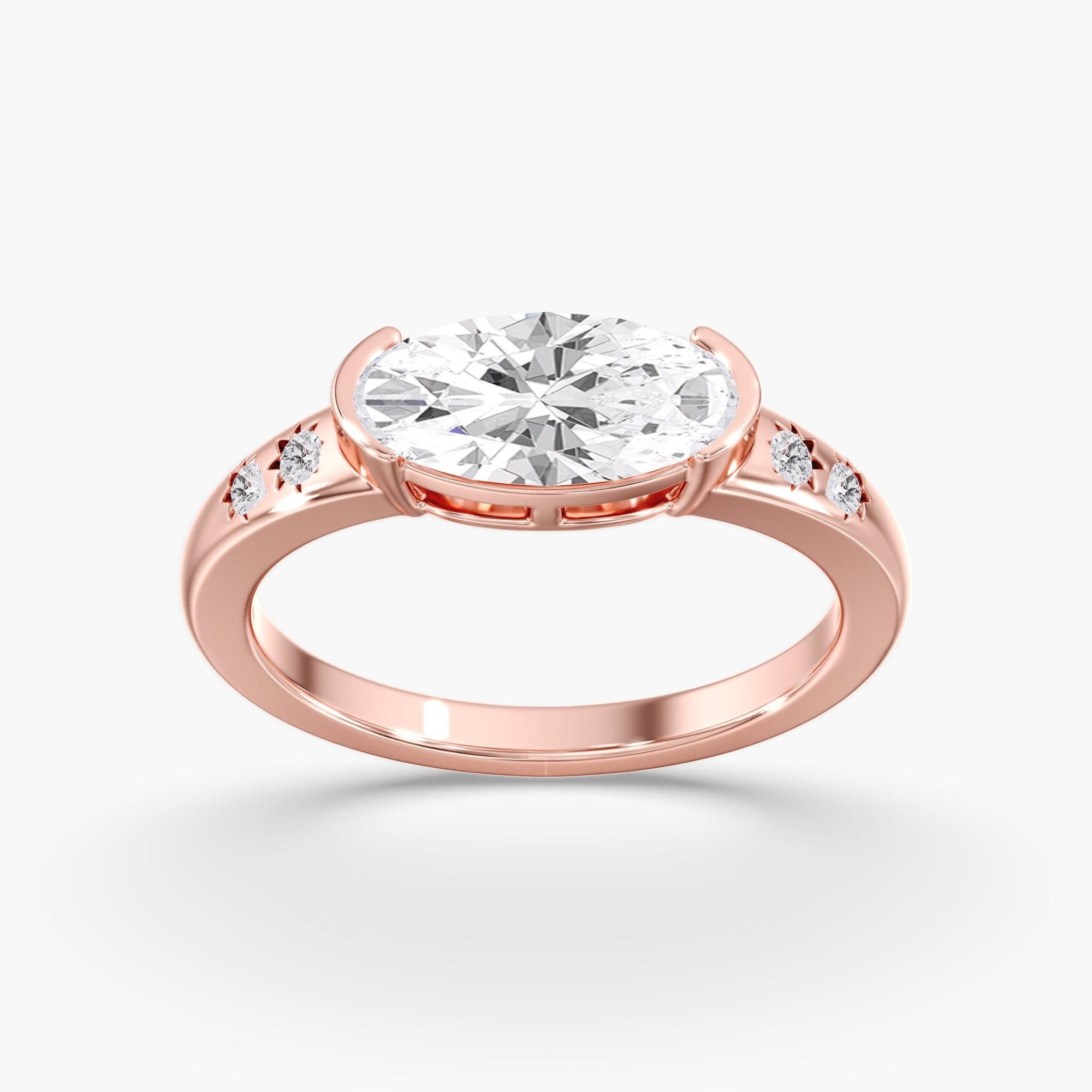 Rose Gold East West Oval Half Bezel Diamond Studded Ring