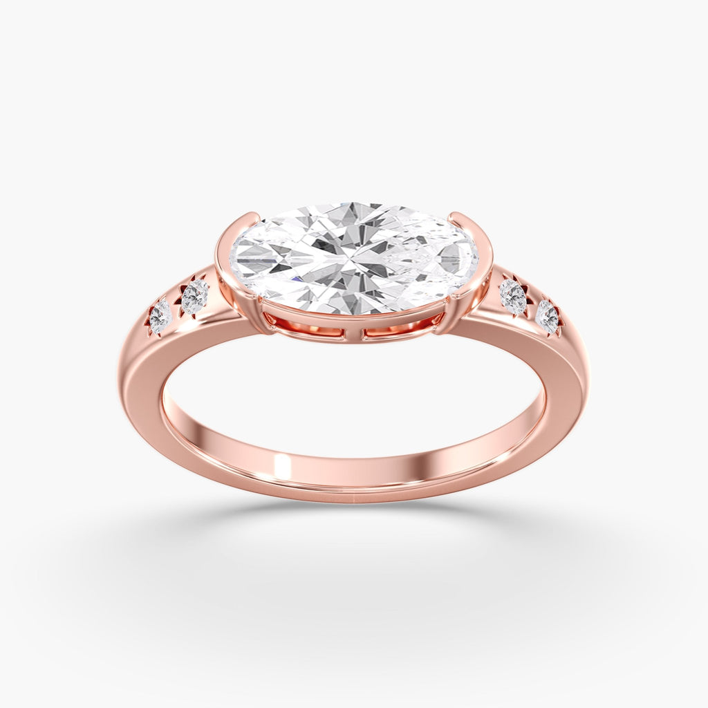 Rose Gold East West Oval Half Bezel Diamond Studded Ring