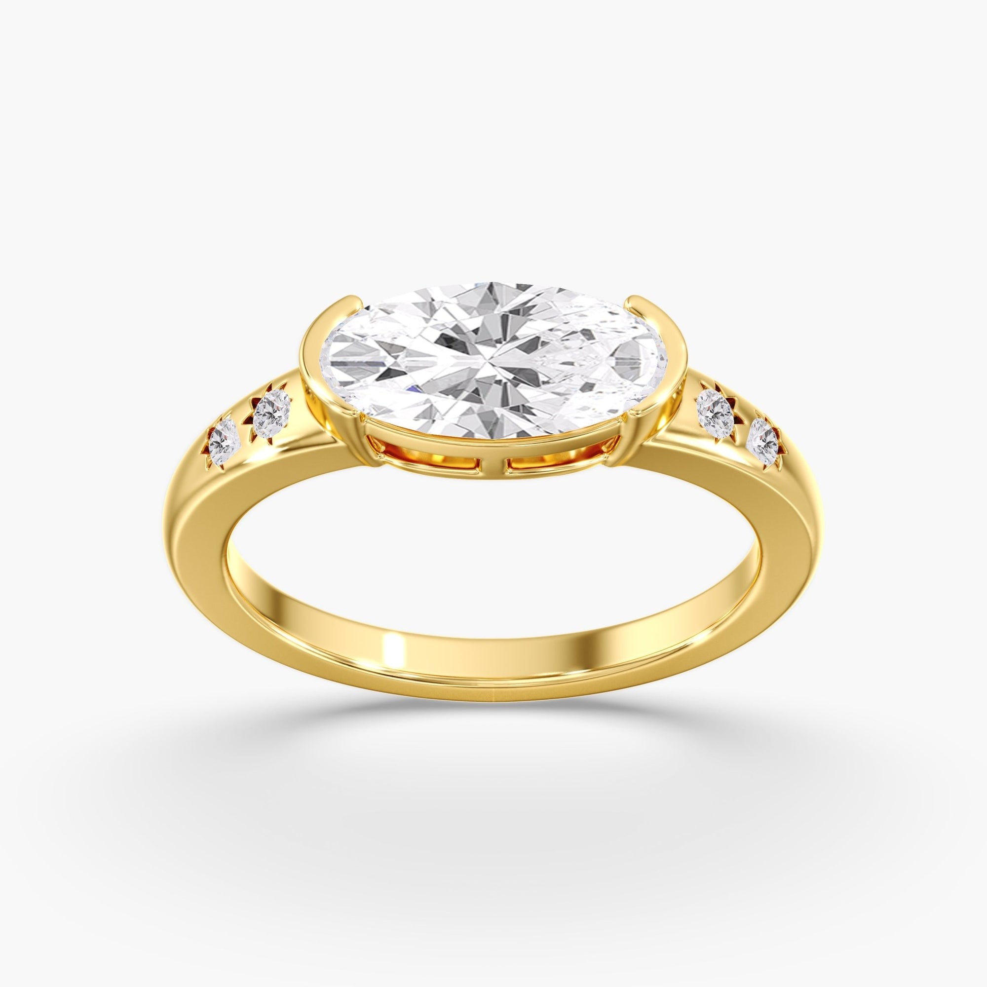 Yellow Gold East West Half Oval Bezel Diamond Studded Ring 